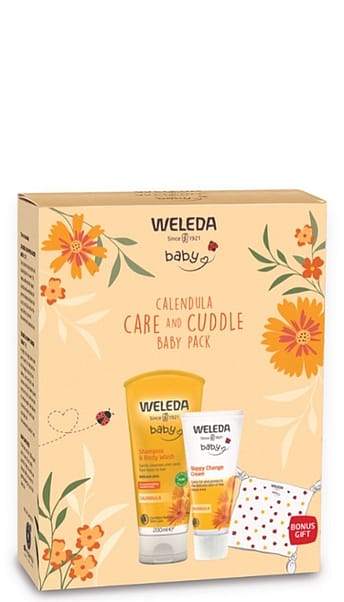 Calendula Care and Cuddle Baby Pack in a box with Shampoo and Bodywash, Nappy Change Cream and a Bonus Gift.