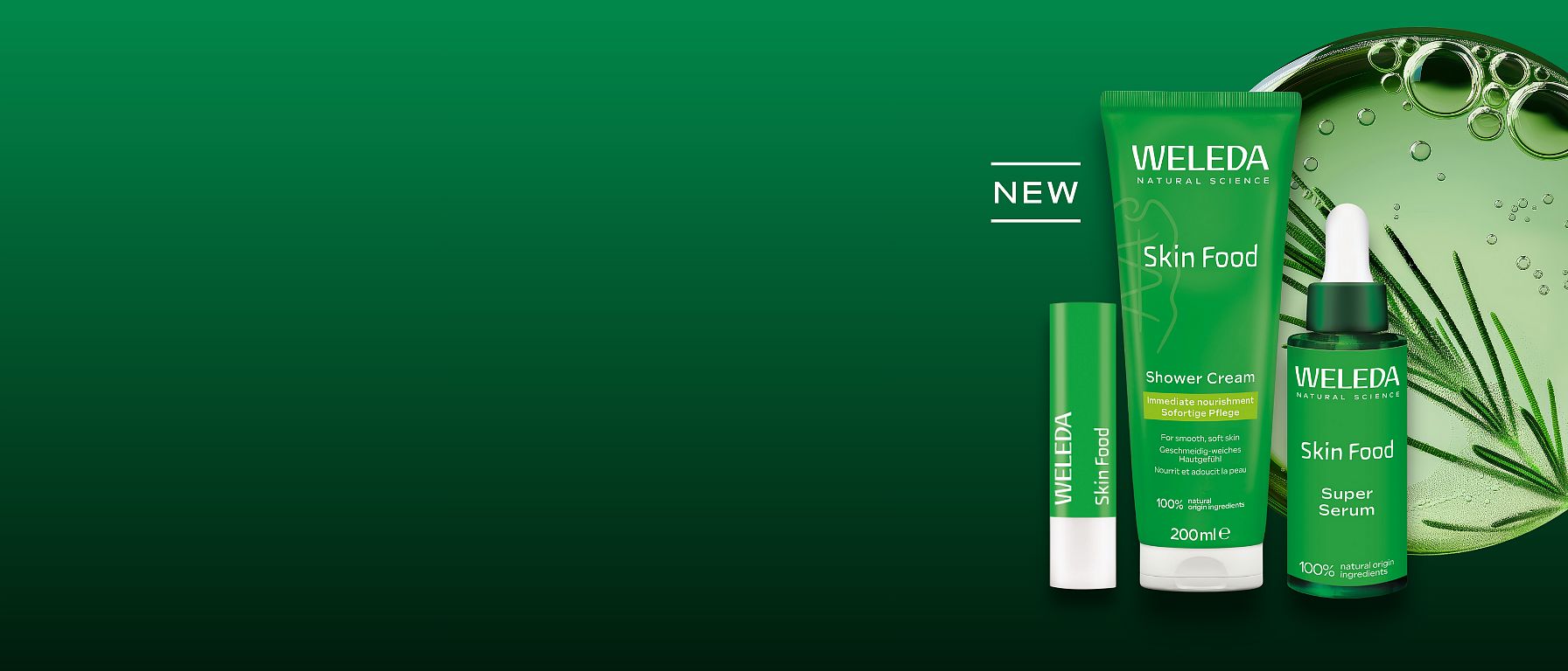 New Weleda Skin Food Super Serum, Lip Stick and Shower Cream on a green background next to a petri dish.