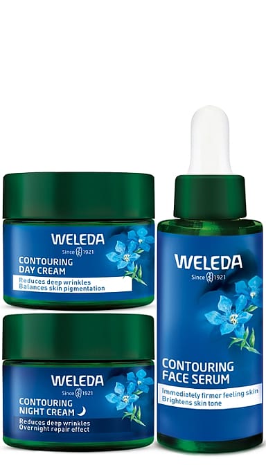 Contouring Face Care Day-Night Set of blue gentian with Contouring Day-and Night Creme in a Jar and Contouring face Serum in a Dropper Bottle.