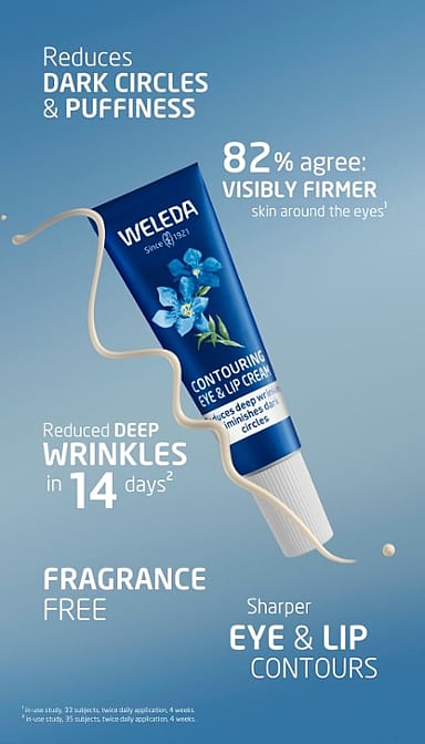 Contouring eye cream tube with cream texture swatch surrounded by efficacy data.