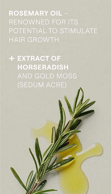 Rosemary twig and oil with Revitalising Hair Tonic ingredients text.