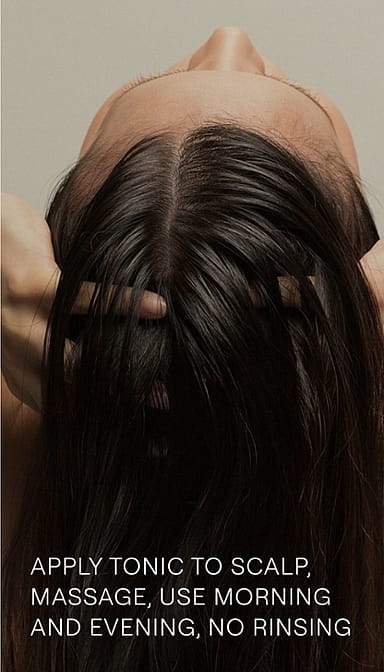 The back of a woman's head showing her long dark hair and Revitalising Hair Tonic how to use text.