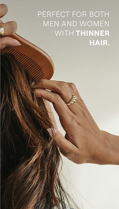 Woman with a wooden comb , combing her hair and Revitalising Hair Tonic benefit text for men and women.