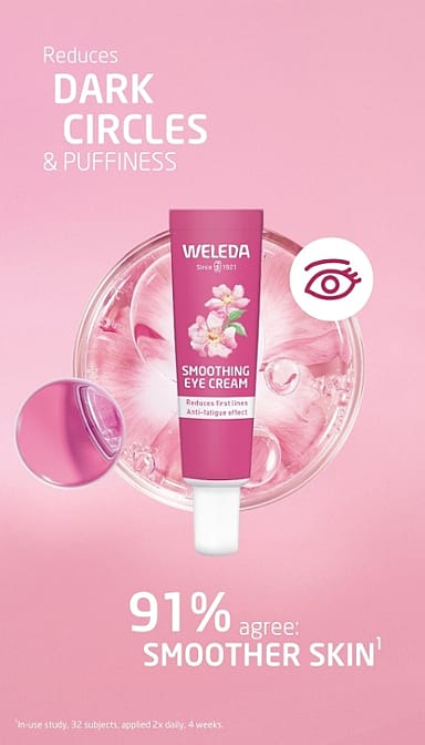 Smoothing Eye Cream Wild Rose & White Tea infront of a petri dish with text benefits on a pink background.