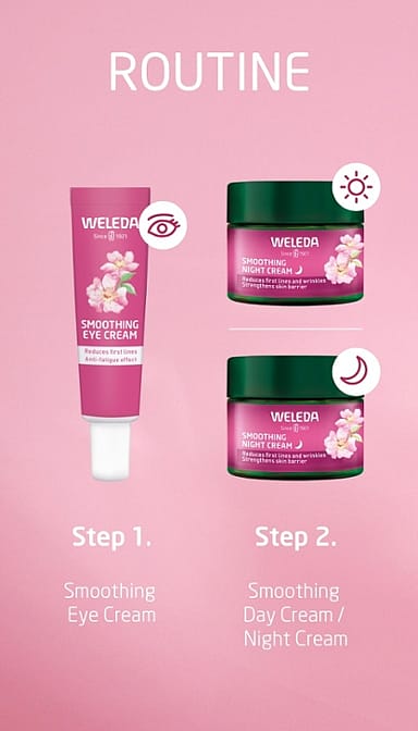 Smoothing Face Care Wild Rose & White Tea skincare routine on a pink background.